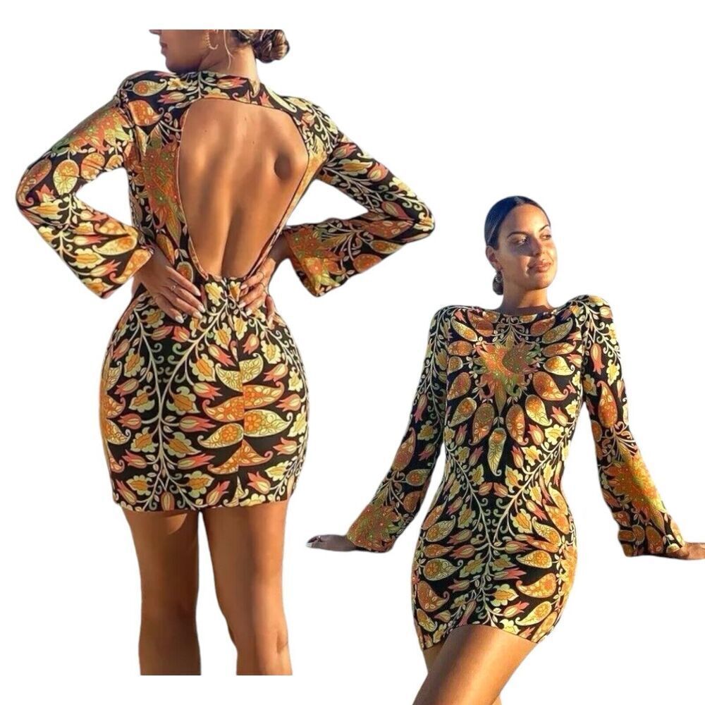 ZARA Dress XS Multicolor Mini Yellow Long Sleeve Retro Paisley‎ Print Open Back